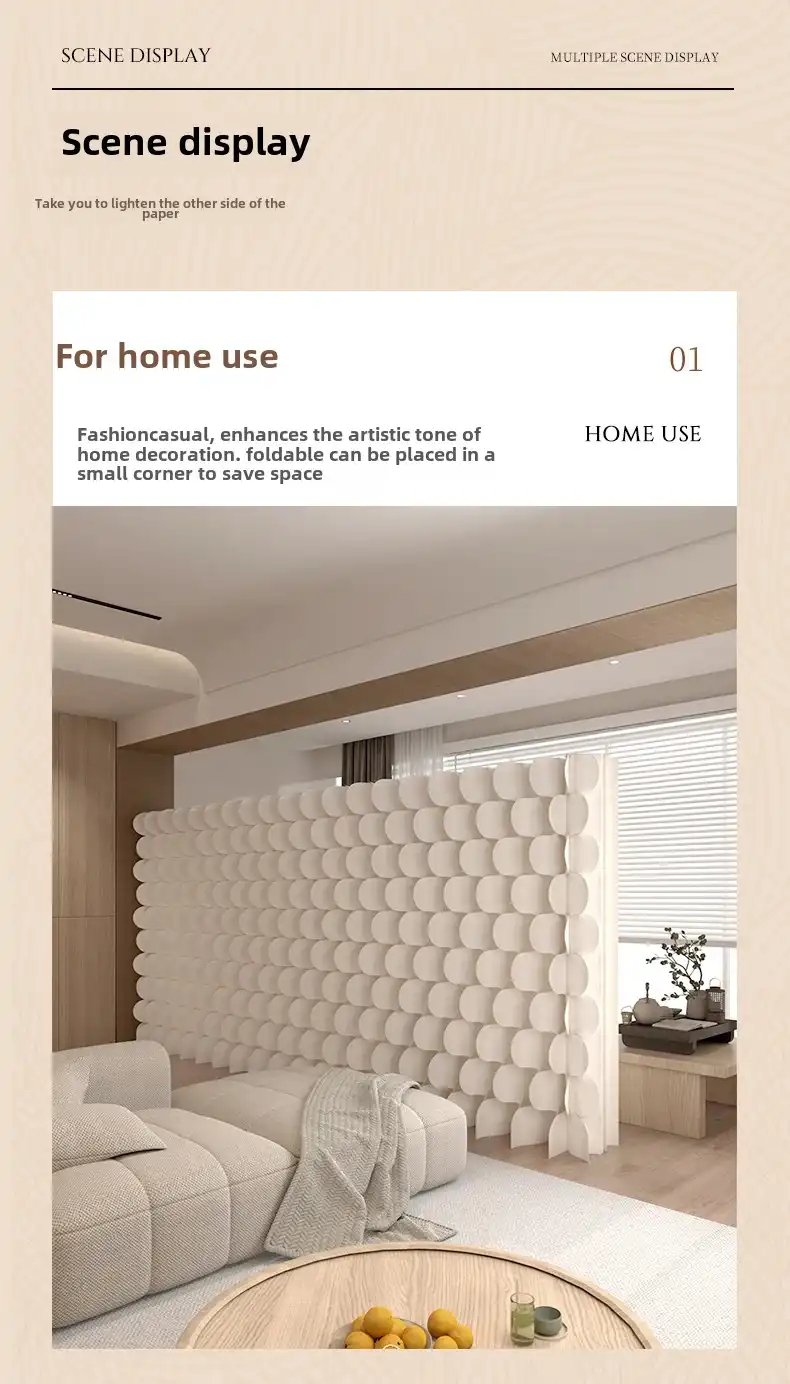Mobile paper screen partition used as exhibition backdrop in commercial display environment.