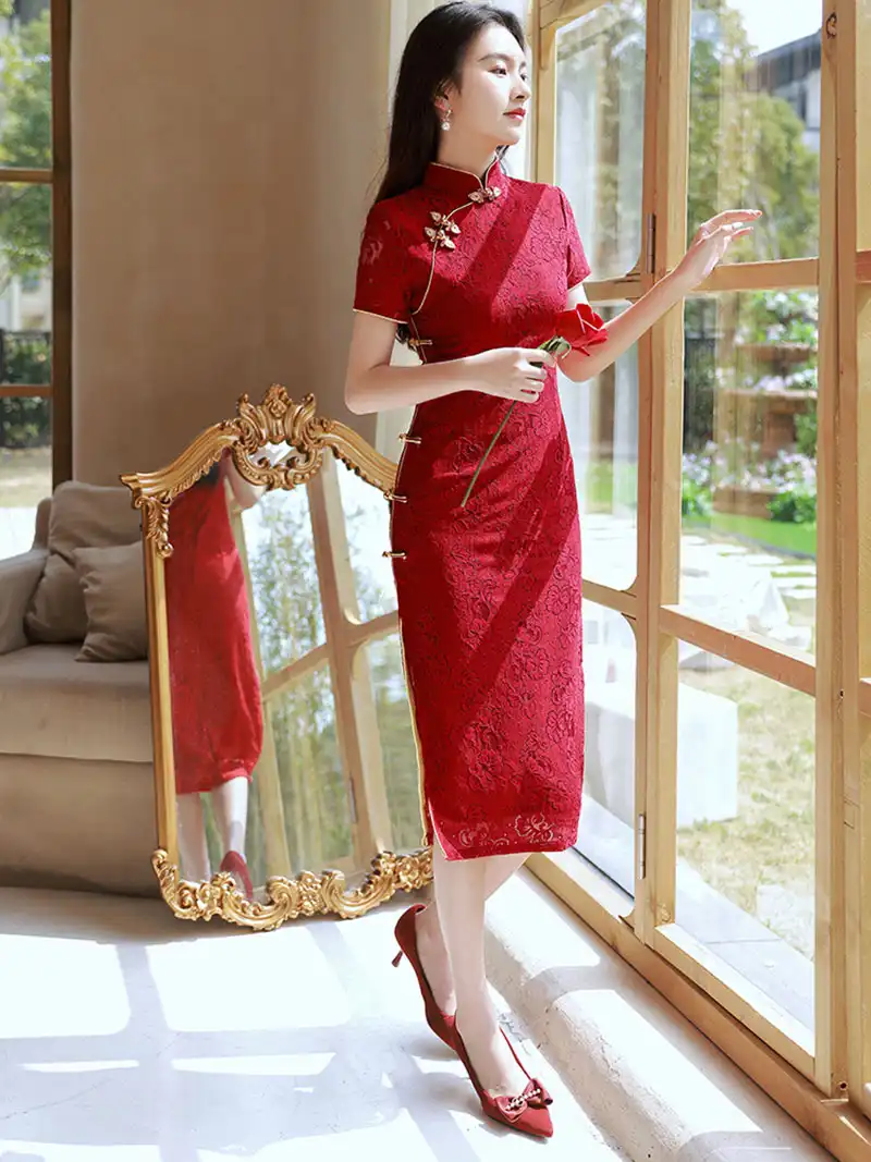 Wine red cheongsam lace dress styled for special occasion showing versatile elegance.