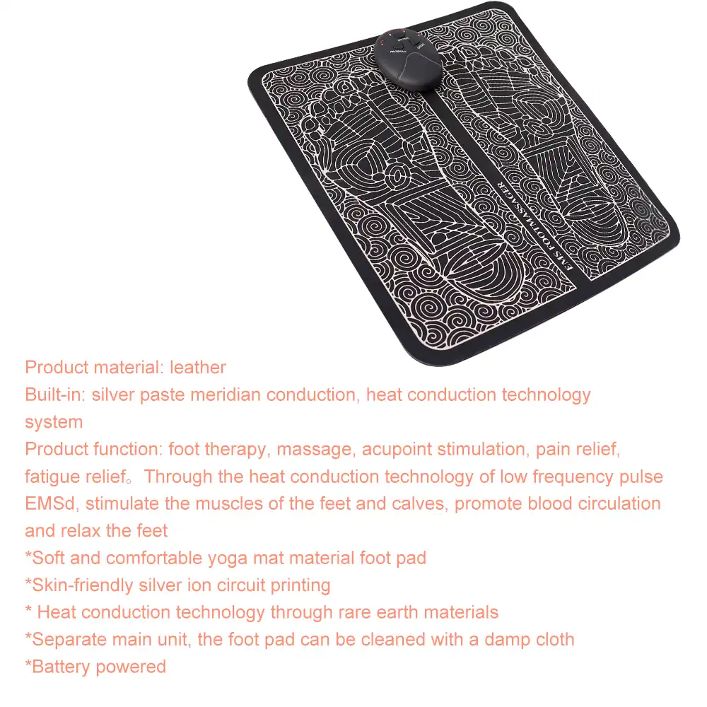 Foldable EMS foot massager pad, displayed on office desk..