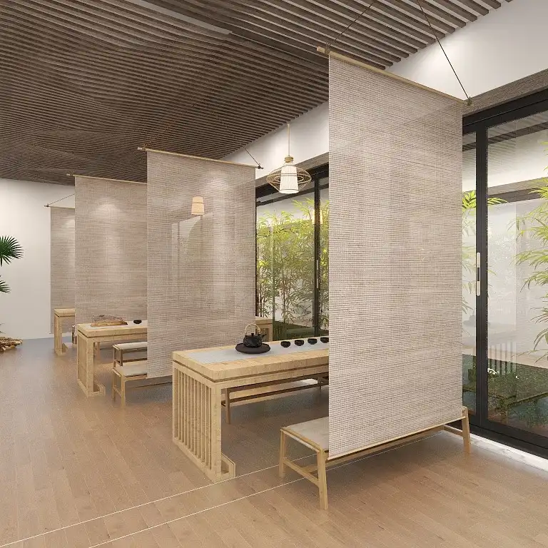 Japanese style hanging screen divider installed on large floor-to-ceiling window frame.
