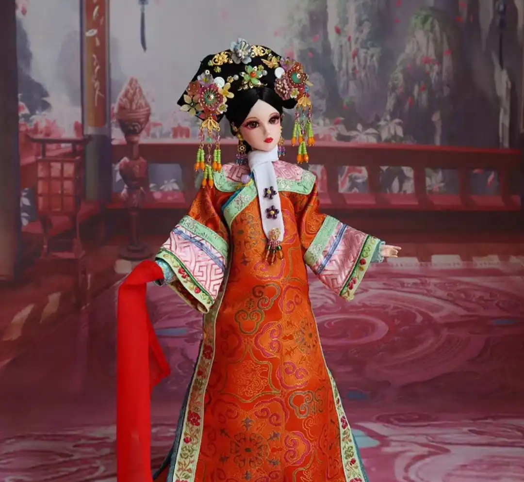 Full length view of Chinese costume doll showing complete traditional outfit.