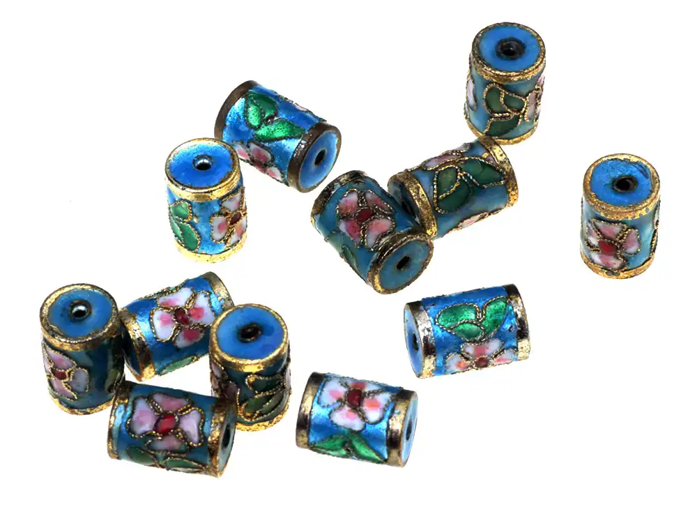 Multiple angle views of single cloisonne bead showing three-dimensional flower design.