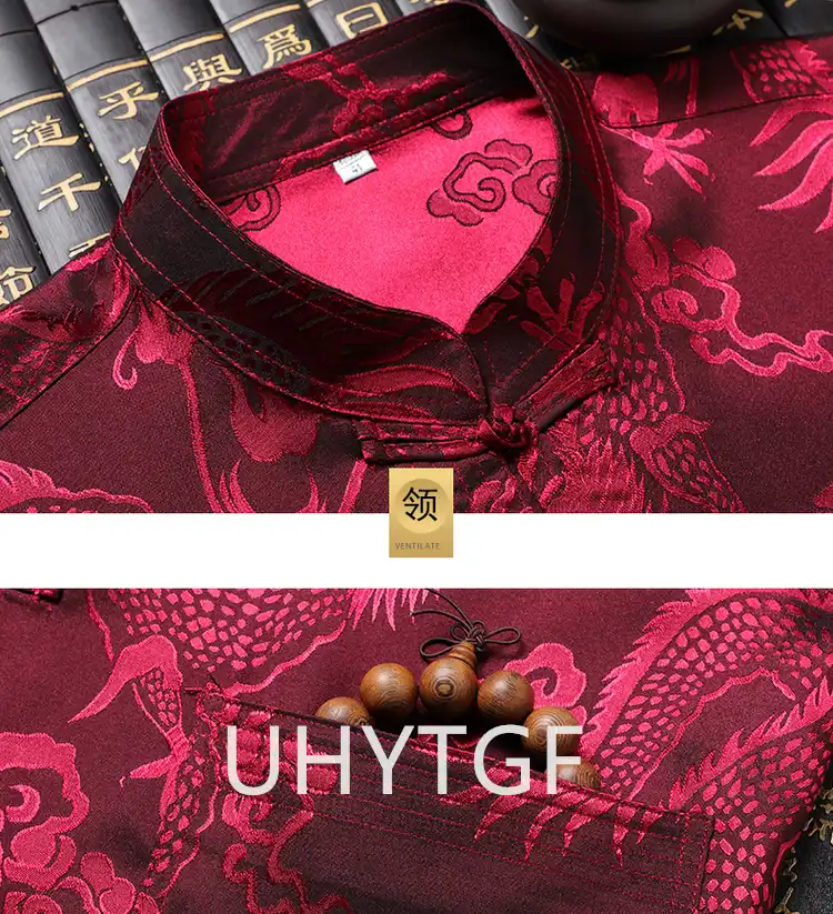 Multiple color options of Tang suit sets arranged in row showing available style variations.