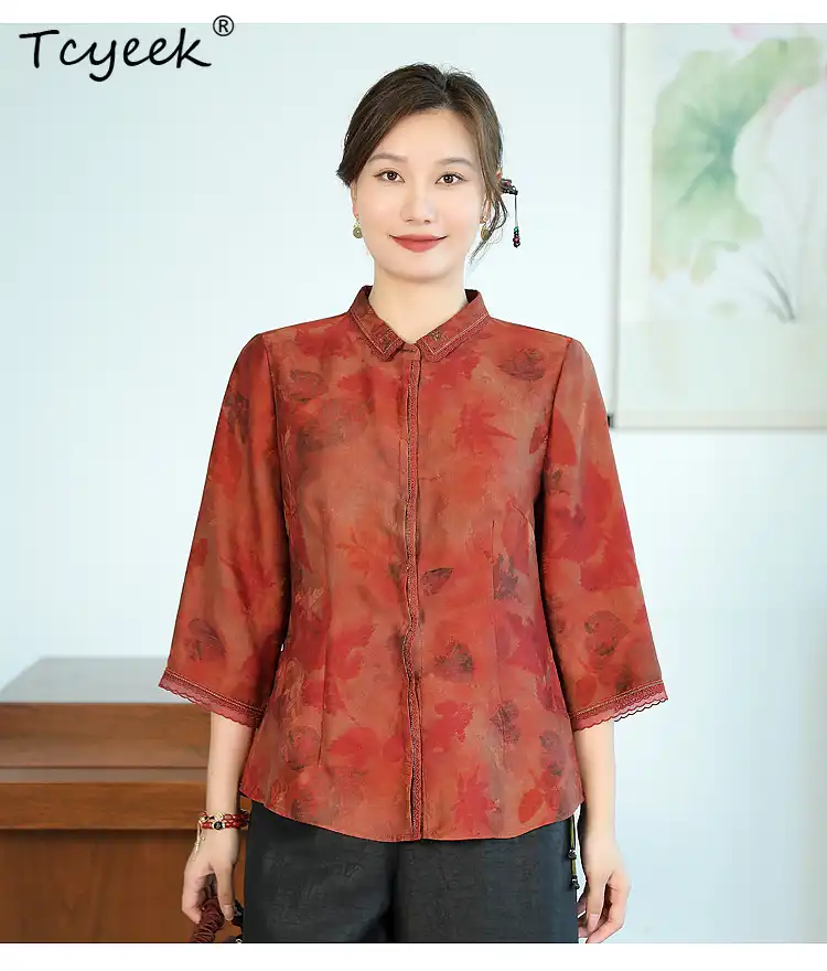 Lifestyle shot of woman in Guangdong silk embroidered blouse for spring summer fashion.