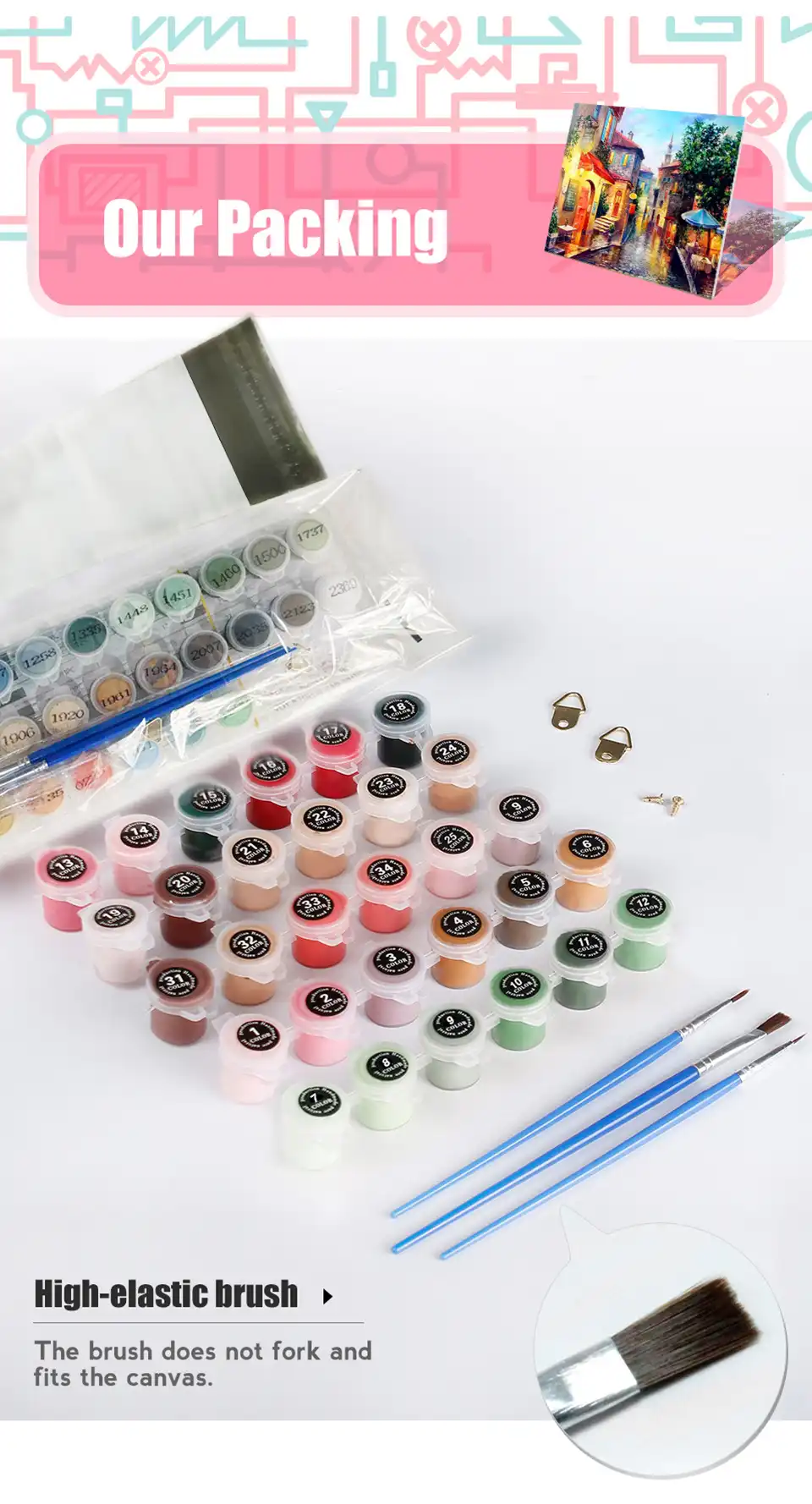 Complete paint by numbers kit contents including canvas, three brushes, paint set and hanging hooks.