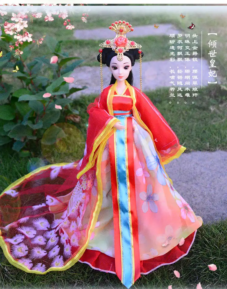 Detail shot of doll face showing beautiful princess features and traditional court makeup.