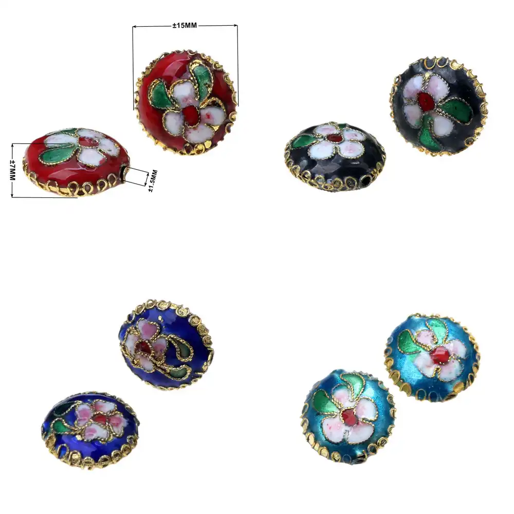 Packaging display of 6-piece cloisonne bead set with protective storage arrangement.