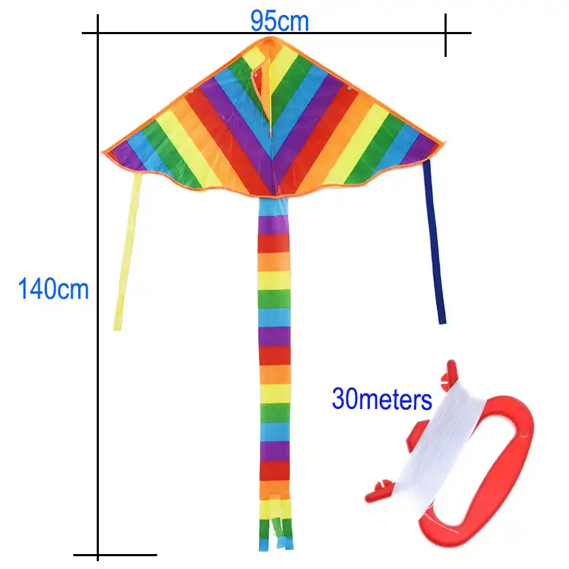 Adult launching rainbow triangle kite on open field demonstrating easy flying capability.