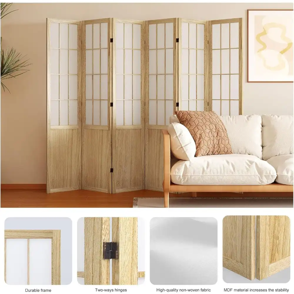 Close-up view of Shoji lattice pattern and white non-woven fabric backing on wooden screen.