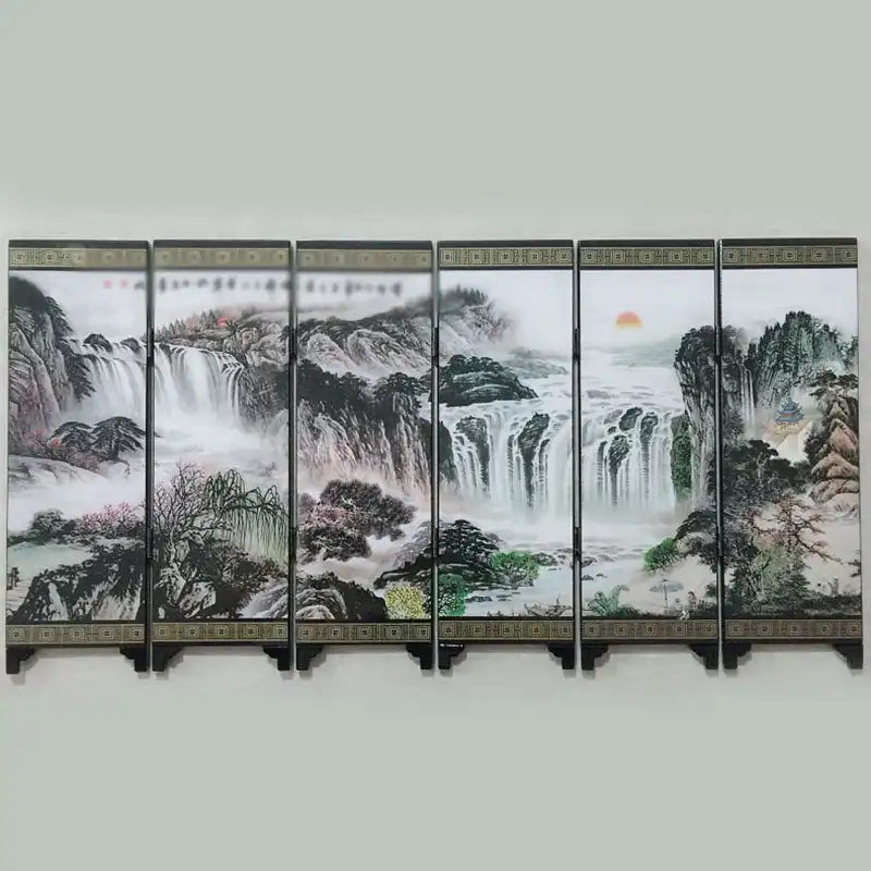Chinese room divider screen folded for compact storage showing portable design features.