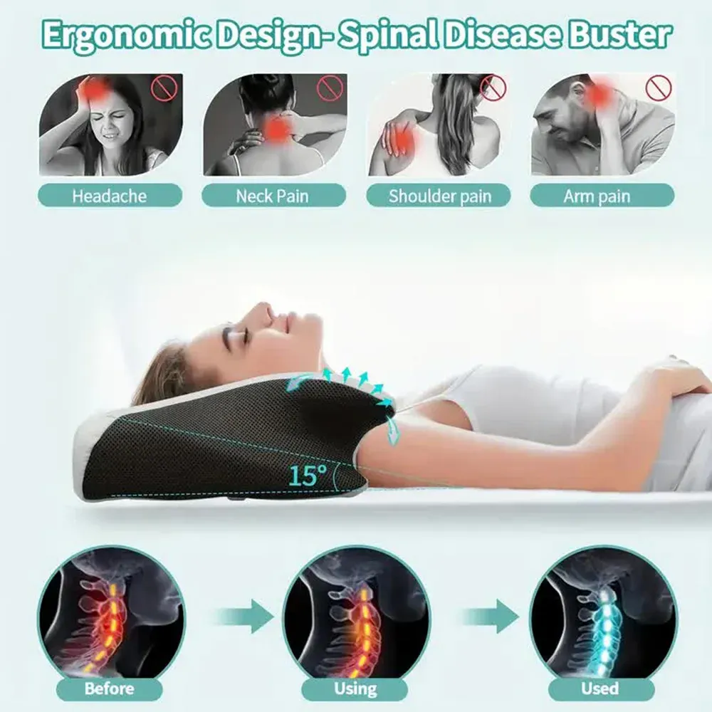 Side profile demonstrating pillow height and cervical curve support for proper neck positioning.
