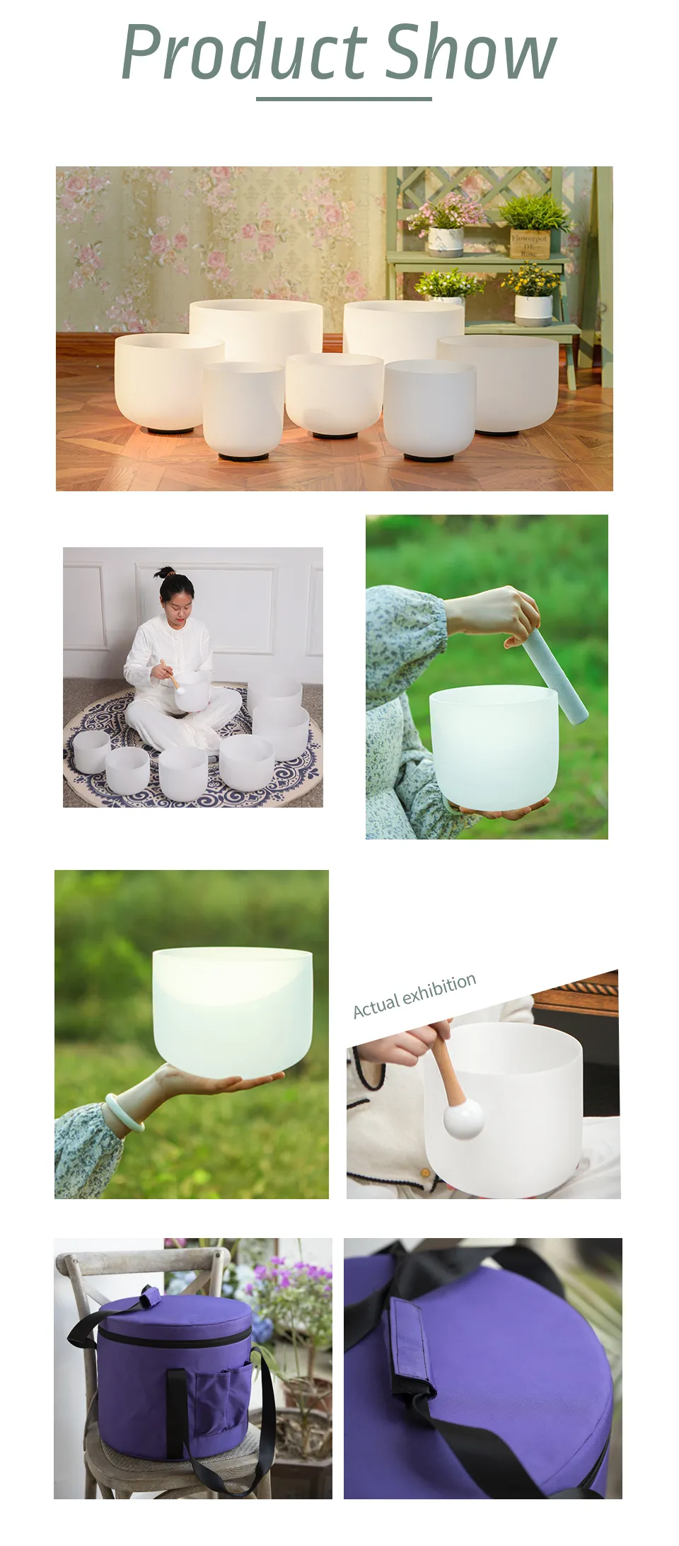 Woman playing 432Hz crystal singing bowl during peaceful meditation yoga session.