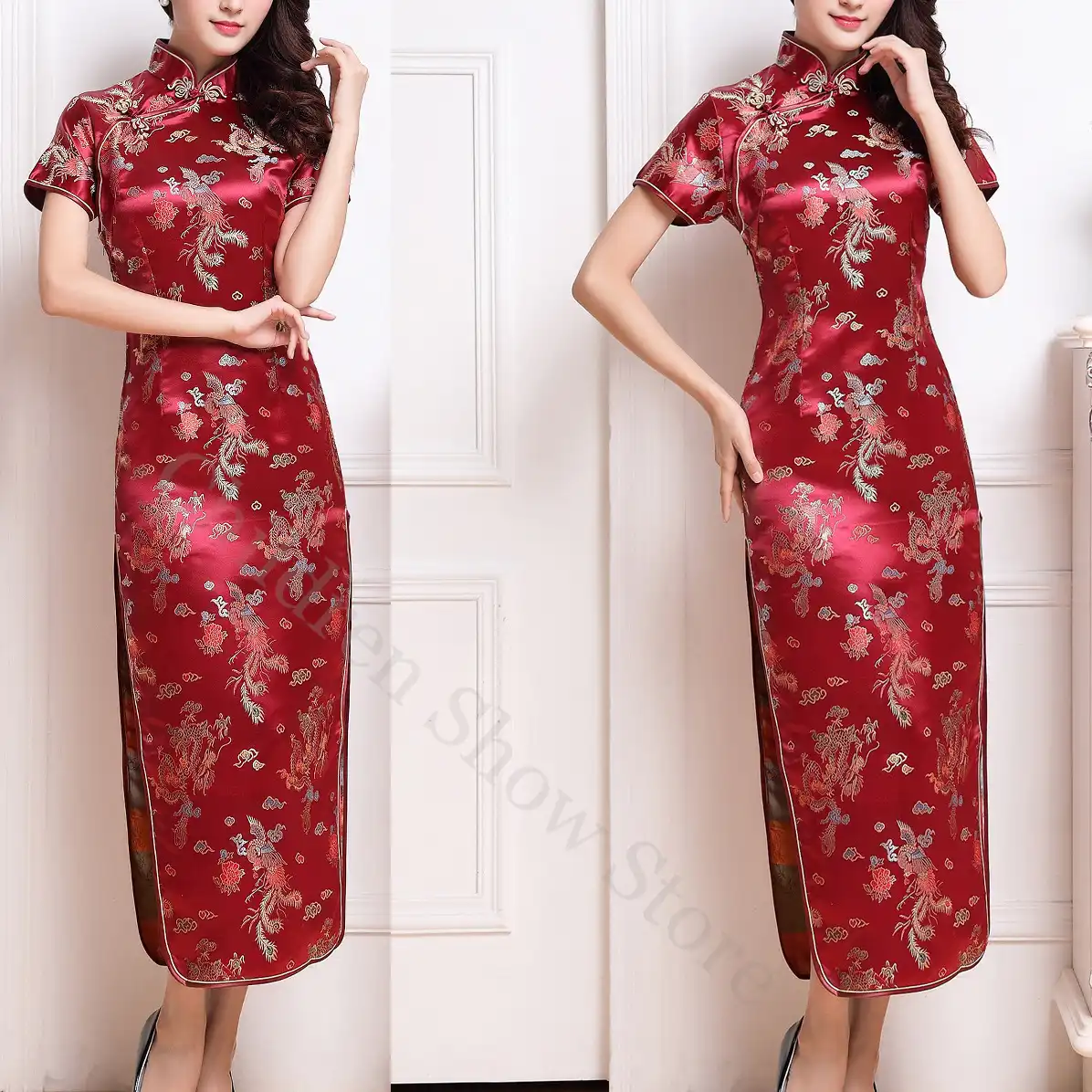 Beautiful woman wearing red dragon phoenix cheongsam dress with traditional Chinese pattern.