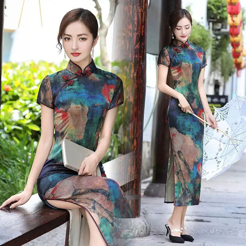 Model in long qipao dress for party showing versatile formal styling options.