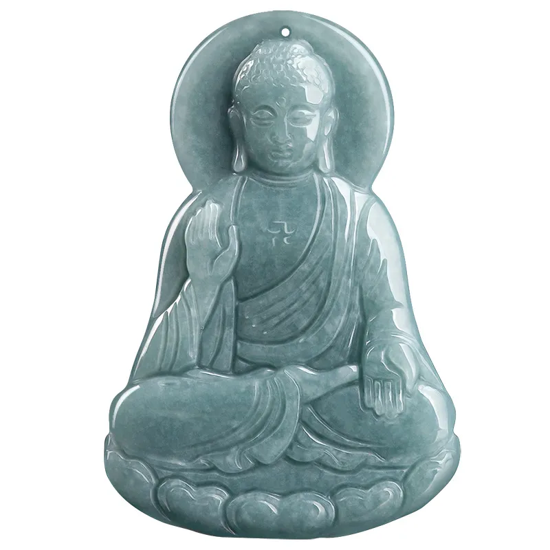 Man wearing natural jade Buddha pendant necklace showing masculine spiritual jewelry style.