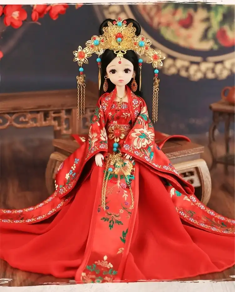 Side view of ancient costume doll displaying elegant Chinese princess silhouette and proportions.