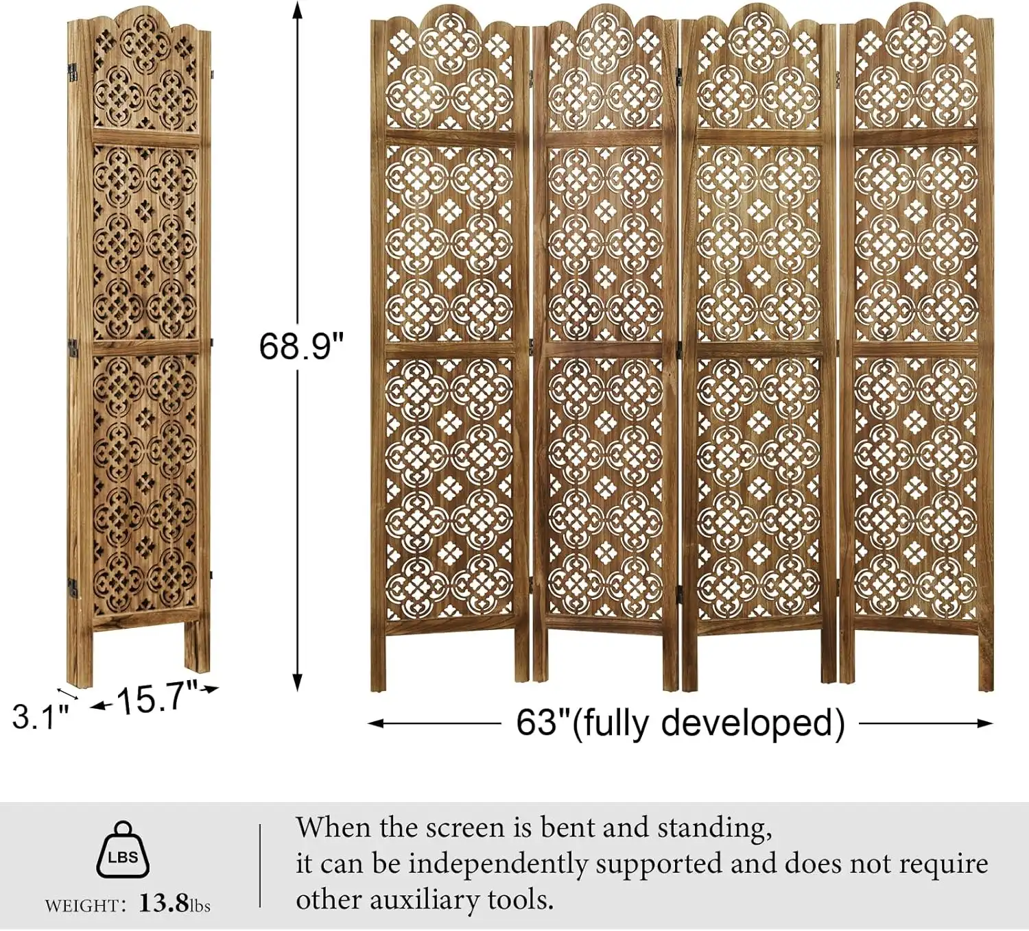 4-panel paulownia wood folding screen divider showing elegant carved decorative patterns.