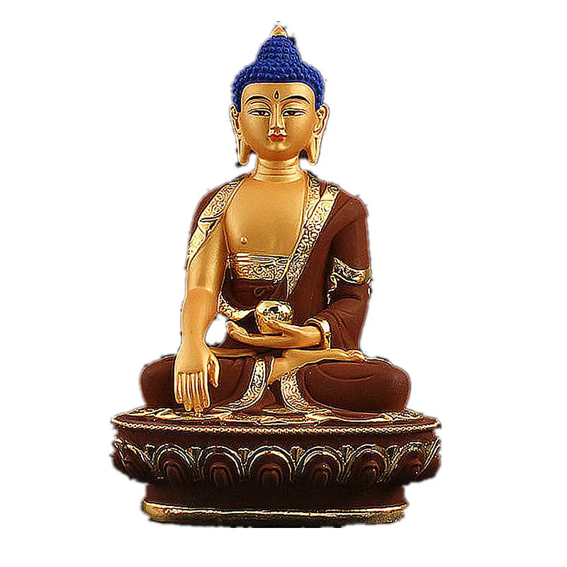 Side profile view brown bronze Buddha statue showing flowing robes spiritual home decoration.