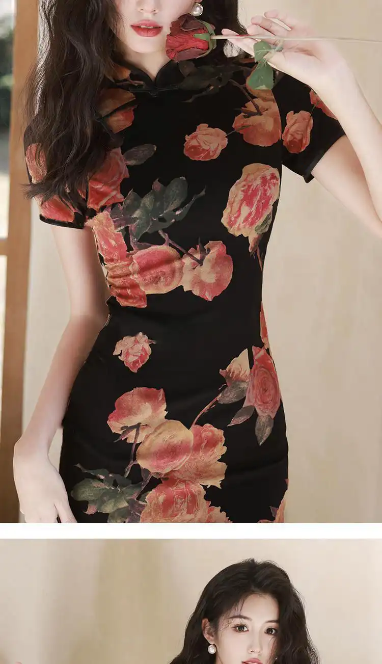 Full-length view of vintage printed qipao dress perfect for formal occasions and events.