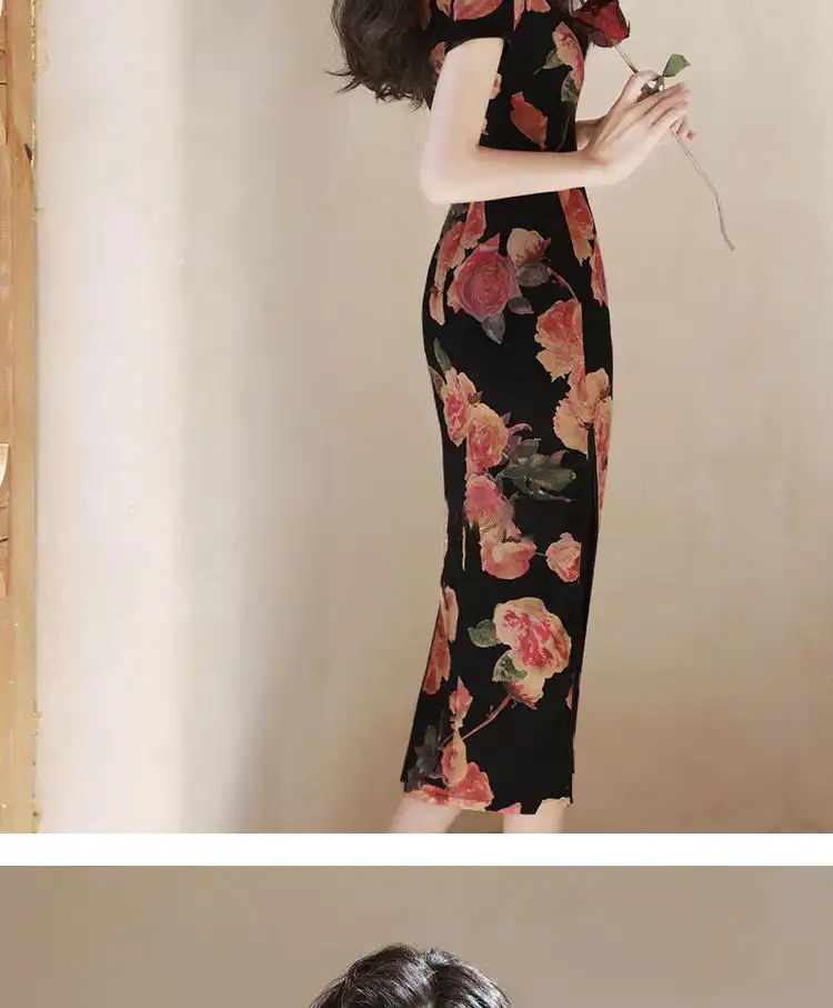 Chinese cheongsam back view displaying high slit design and form-fitting elegant silhouette.