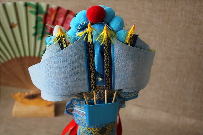 Wooden base dimensions 12.5x12.5cm supporting the handmade Chinese opera doll.