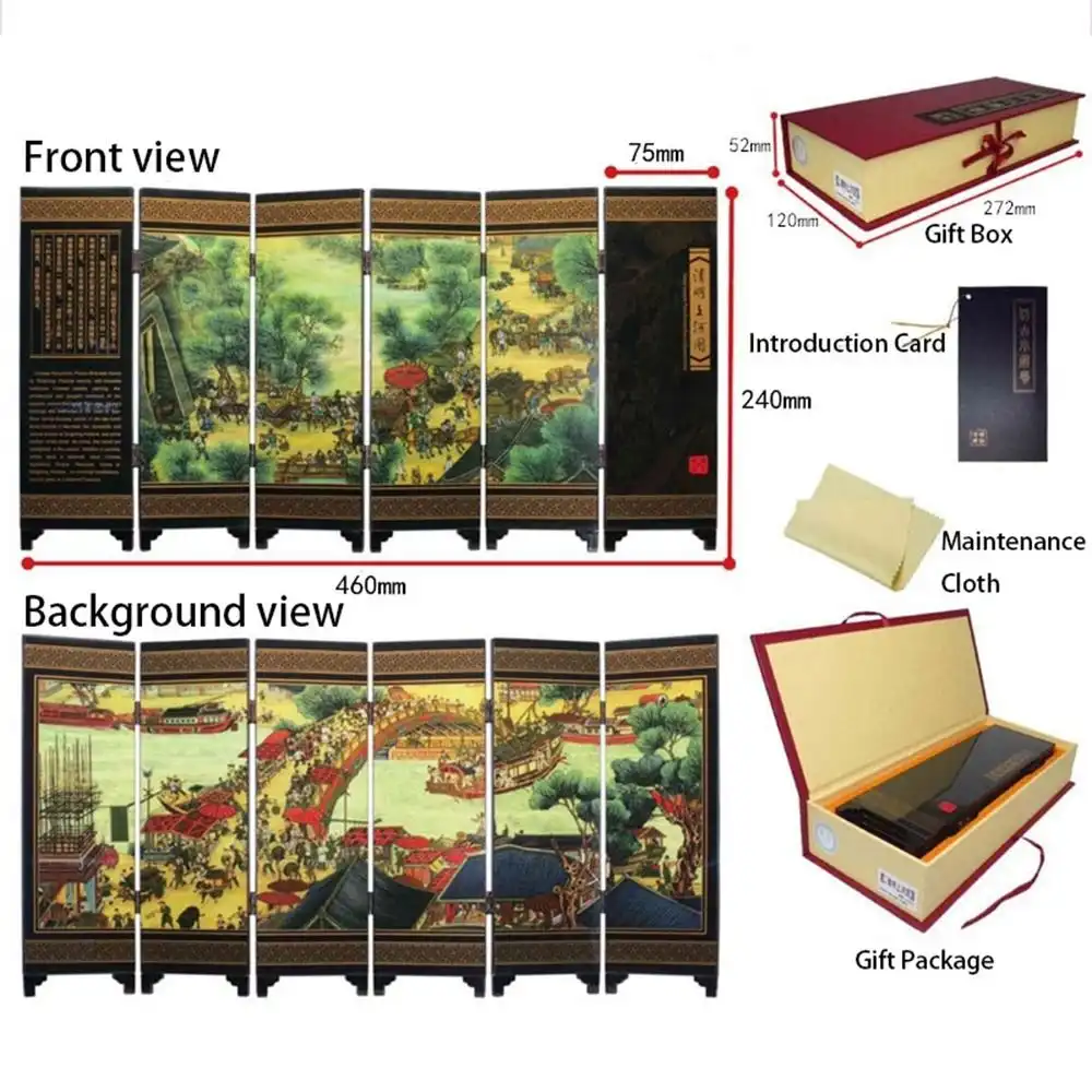 Detail shot of landscape mural on Chinese screen showing artistic craftsmanship quality.