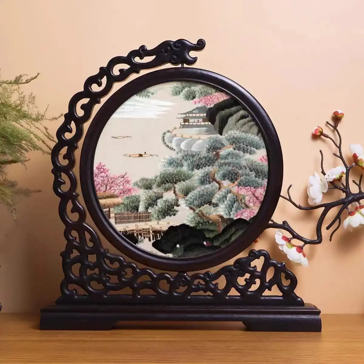 Double-sided Suzhou embroidery landscape table ornament with hand embroidered plant pattern in frame.