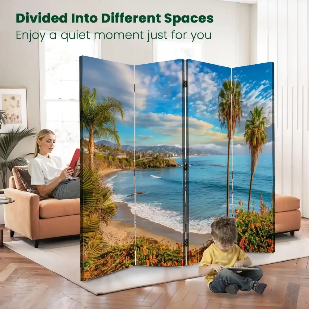 Canvas screen room separator featuring water-resistant coating and fade-resistant Pacific coastline artwork.
