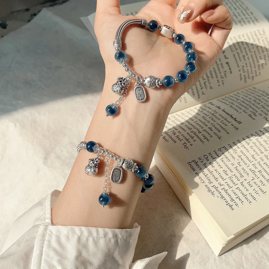 LANGYAN 925 sterling silver blue agate bracelet with Chinese amulet fish lucky bag charms SL149.