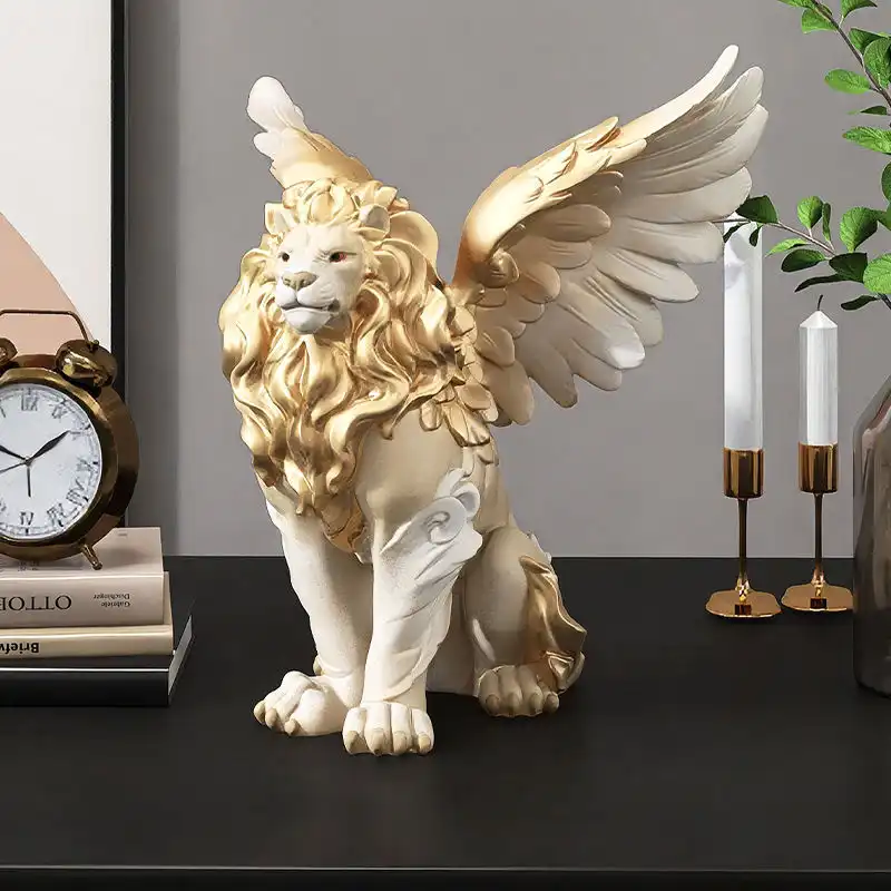 Lion sculpture placed on marble kitchen countertop demonstrating versatile home decor placement.