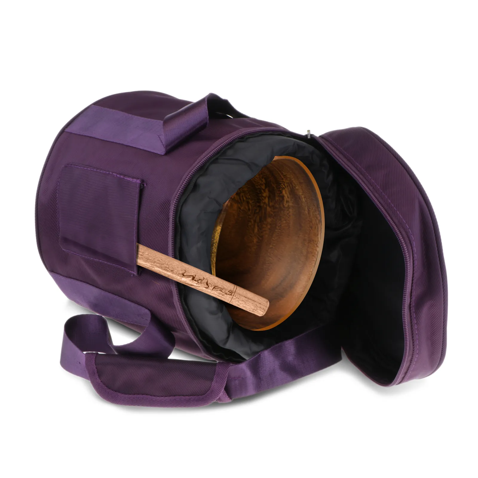 Hand carrying crystal bowl bag demonstrating comfortable handle and portable design.