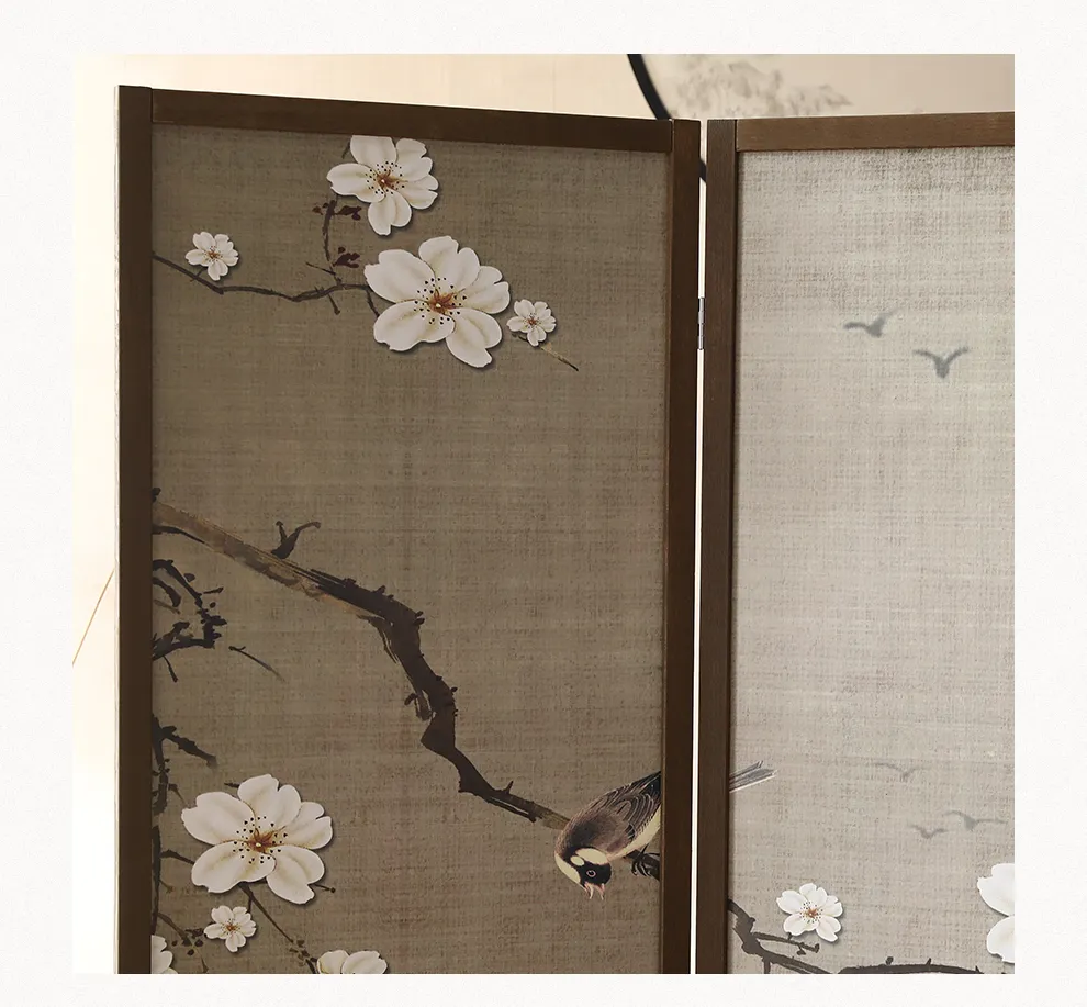 Artistic floral design detail painted on Chinese wooden screen traditional style.