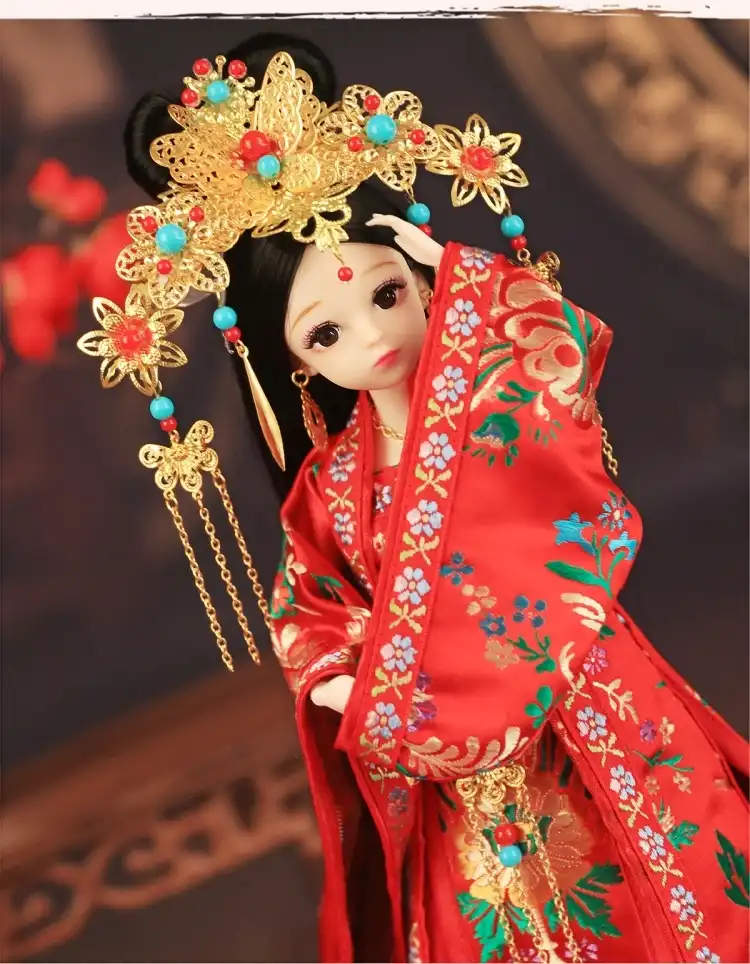 Chinese style dress up set components laid out showing complete hanfu costume pieces.