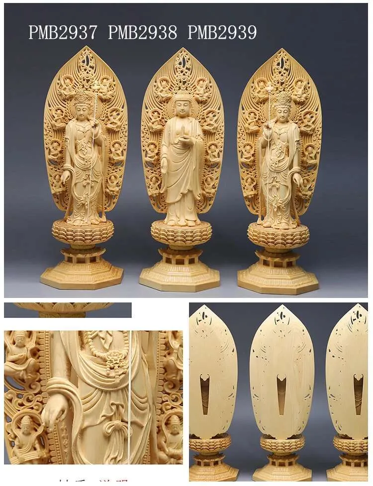 Multiple angles of wooden Buddha statue showing complete artisan craftsmanship details.