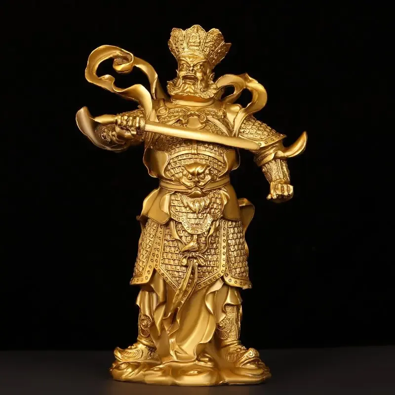 Back view of Four Heavenly Kings statues showing detailed engravings and copper finish.