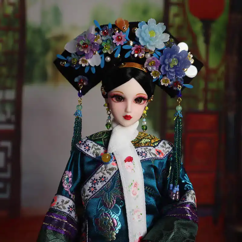 Close up of doll hair styling showing traditional Chinese hairstyle and details.