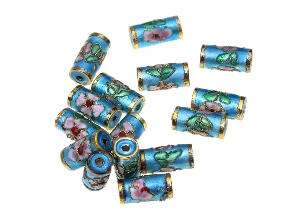 Artistic composition of cloisonne beads arranged by color gradient and pattern style.