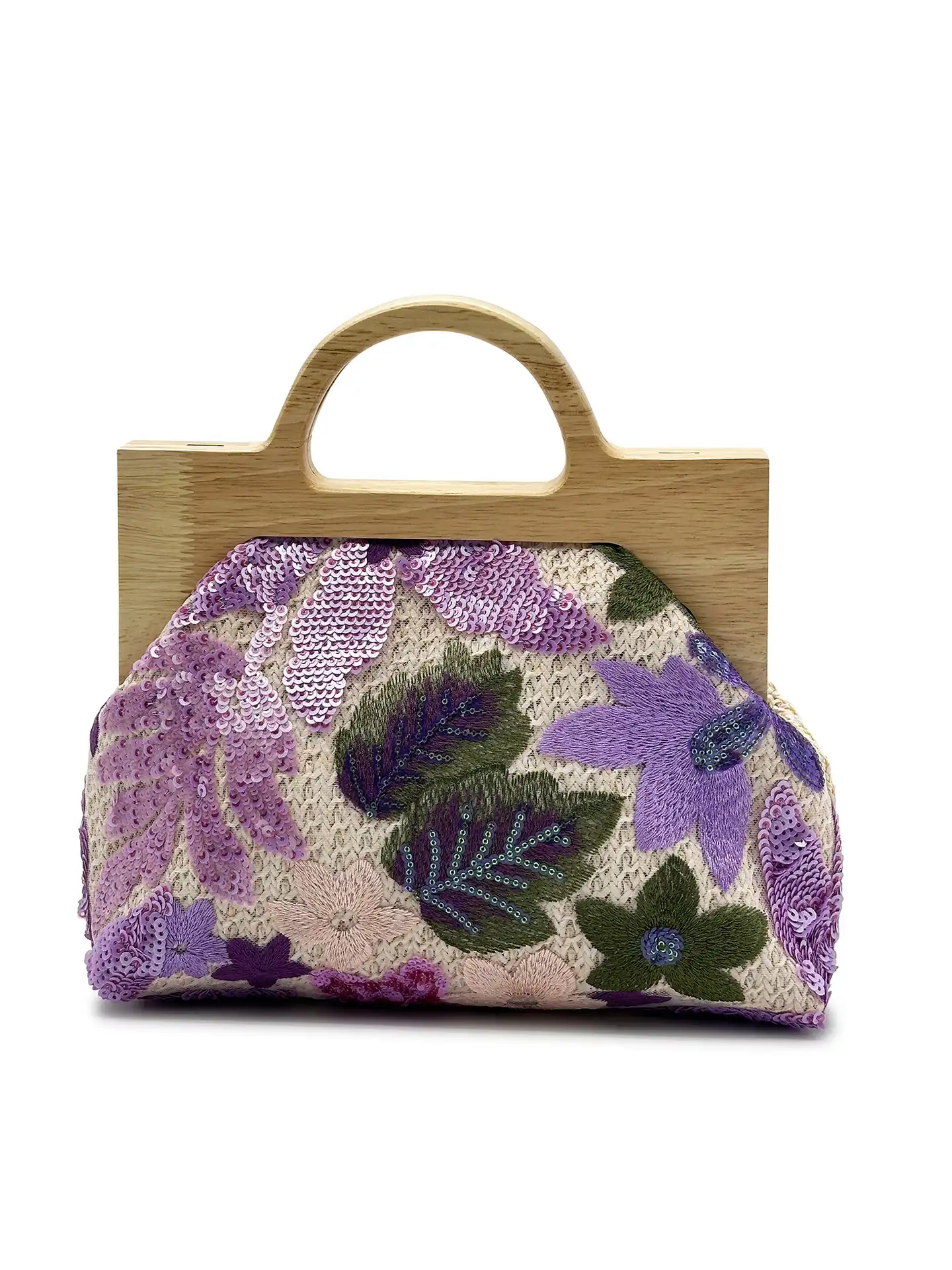 Interior view of polyester lined sequined bag showing spacious compartment and quality construction.