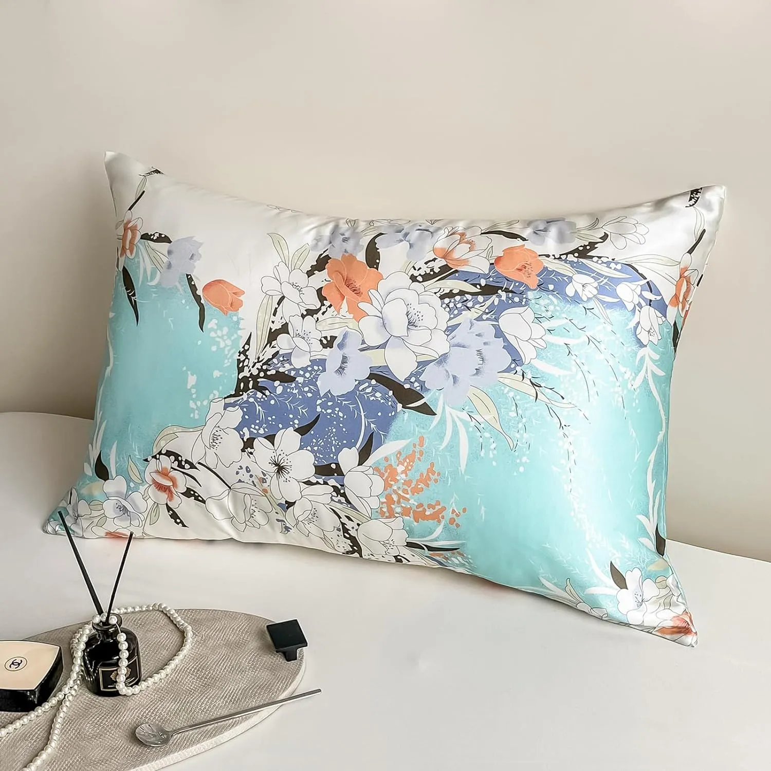 Floral printed pattern on mulberry silk pillowcase showcasing beautiful decorative design.
