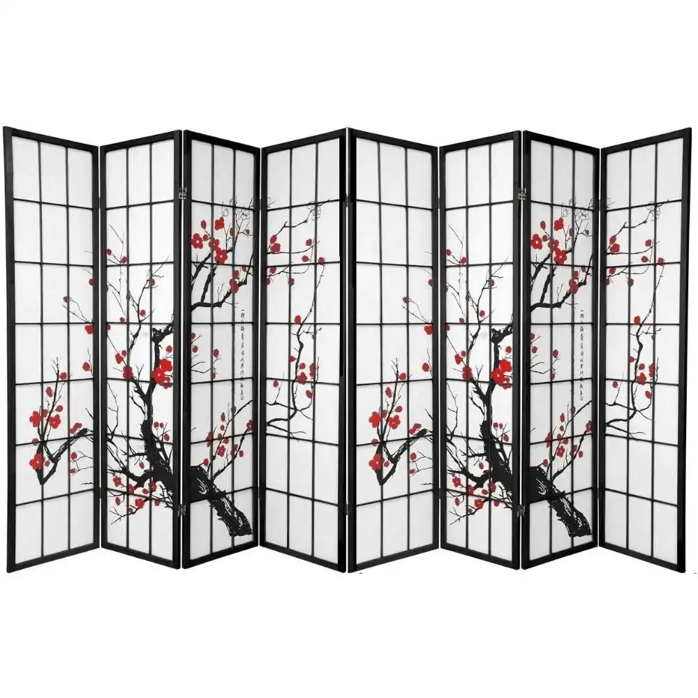 Close-up view of delicate plum blossom floral pattern printed on translucent rice paper panels.
