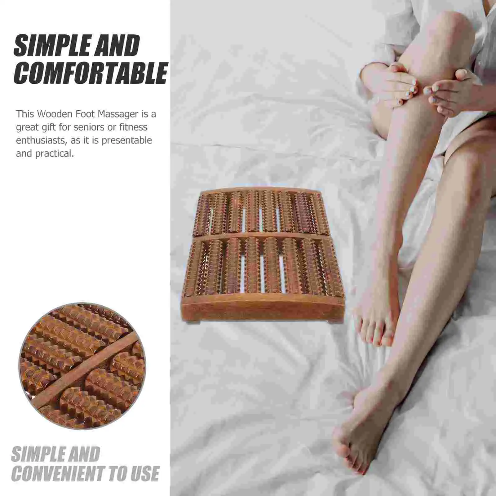 Side angle of wooden foot massage tool displaying compact size and portable design for home or office use.