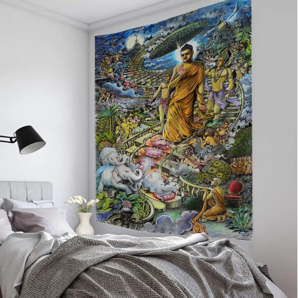 Large Buddha tapestry bedroom wall hanging meditation decor peaceful sleeping space home design.