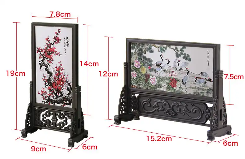 Traditional Chinese mountain scenery depicted on compact desk screen furnishing article.