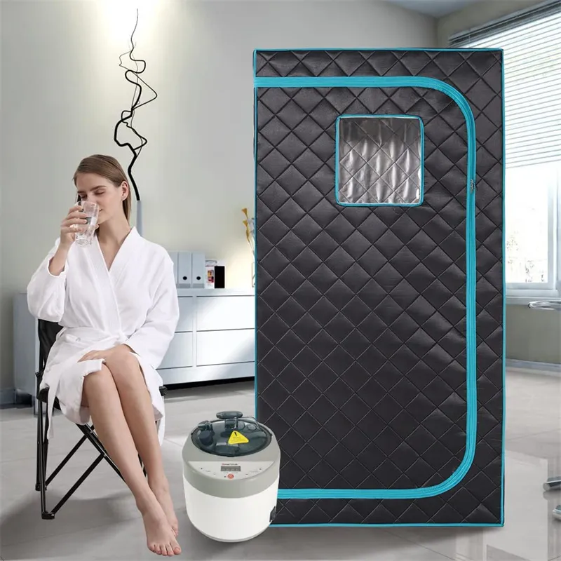 Foldable chair and anti-slip felt mat included in home steam sauna tent package.