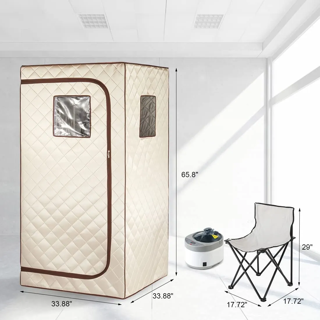 Spacious steam sauna tent interior showing transparent windows and comfortable seating space.