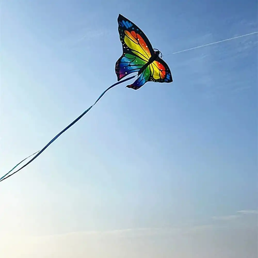 Child successfully flying colorful butterfly kite in open grassy field on sunny day.