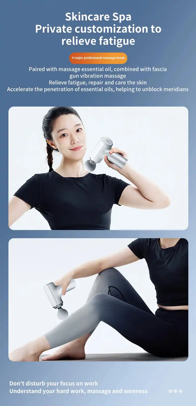 AI percussion massage gun with 4 heads, front view..