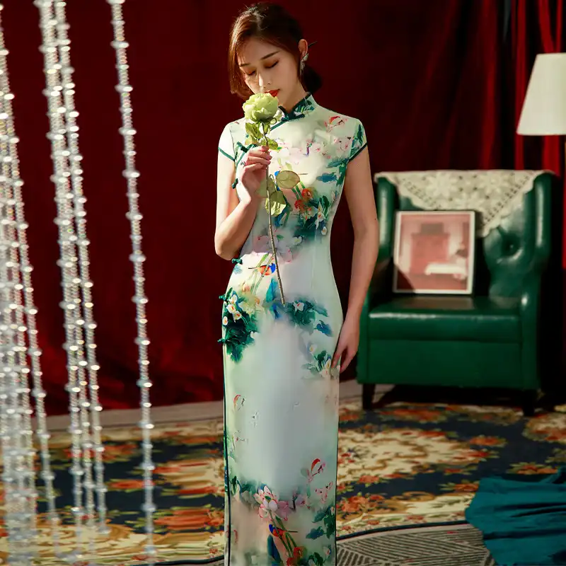 Chinese evening dress styled for formal occasion with elegant accessories and sophisticated look.