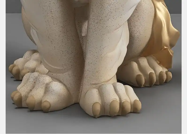 Lion figurine on bedside table in modern bedroom creating sophisticated nighttime decor.