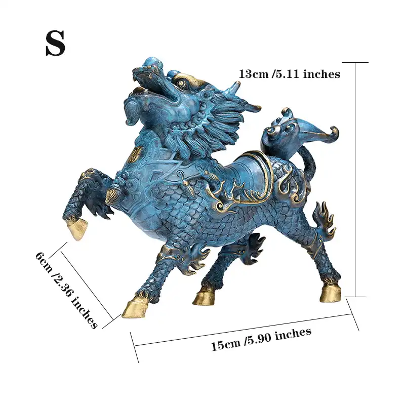 Copper Qilin figure demonstrating size proportions next to common household items for scale reference.
